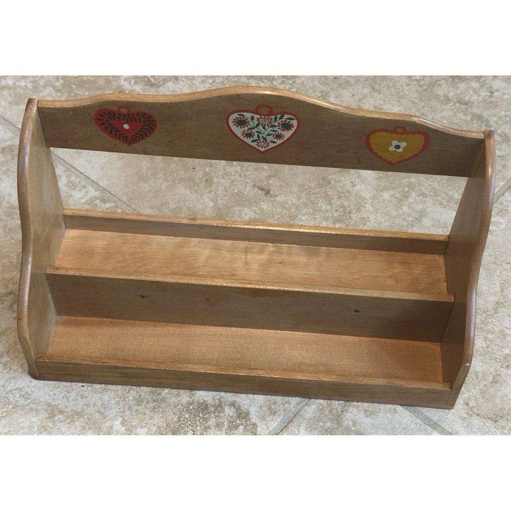 VTG Wooden Shelf with Heart Decorations - Storage and Trinket Holder Folk Art
